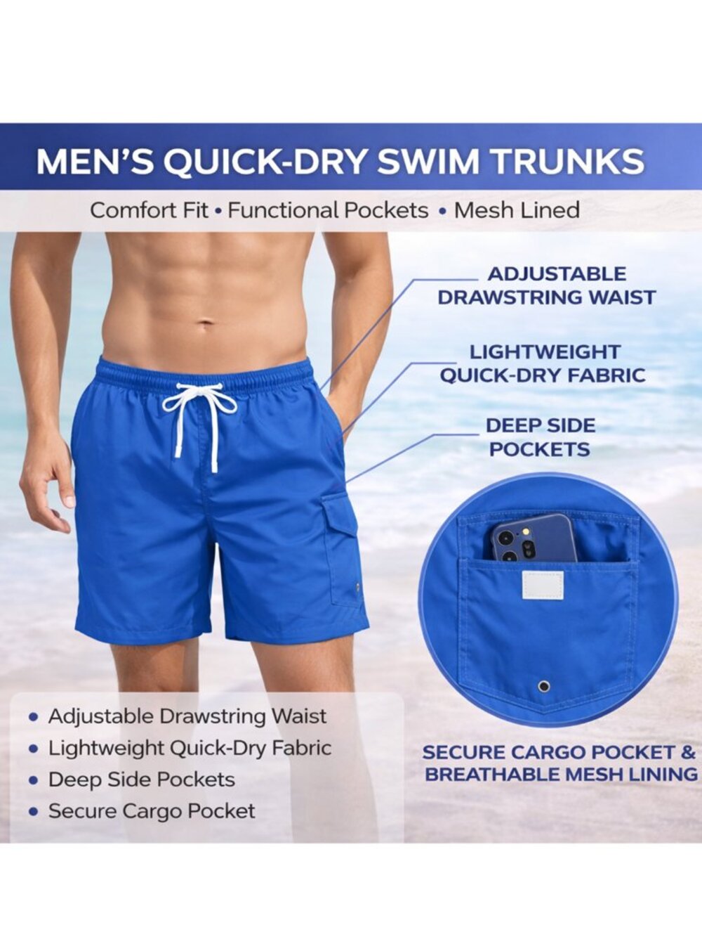 Men Swim Trunks Blue Swim Cargo Shorts, Small Medium Large X-Large, NWT - Picture 6 of 6